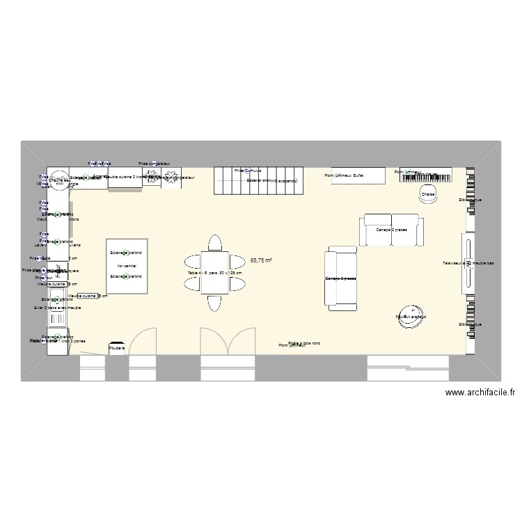 RDC 3 sans chambre. Plan de 3 pièces et 140 m2