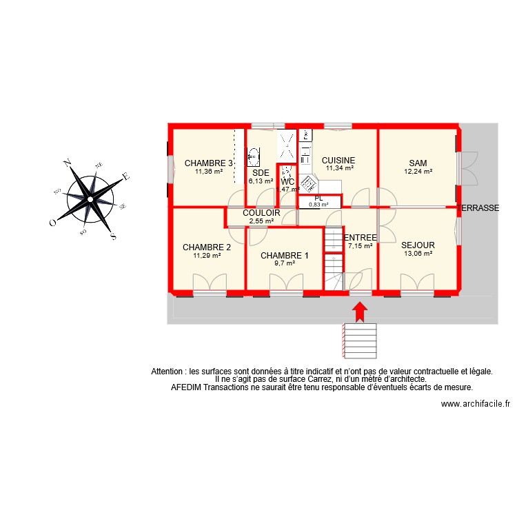 BI 8423 RDC. Plan de 15 pièces et 114 m2