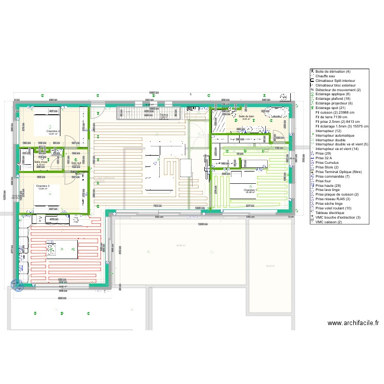 Plan maison chauffage sol électrique. Plan de 25 pièces et 375 m2