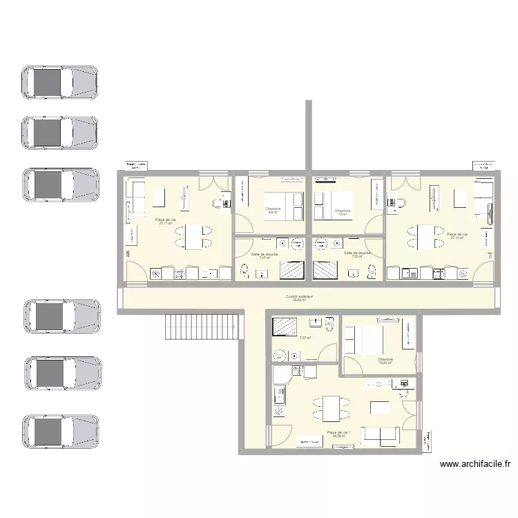 Immeuble 6 T1 plain pied revu. Plan de 