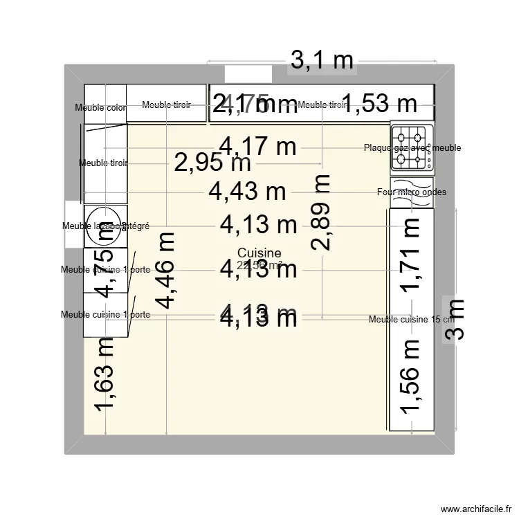 cuisine. Plan de 1 pièce et 23 m²