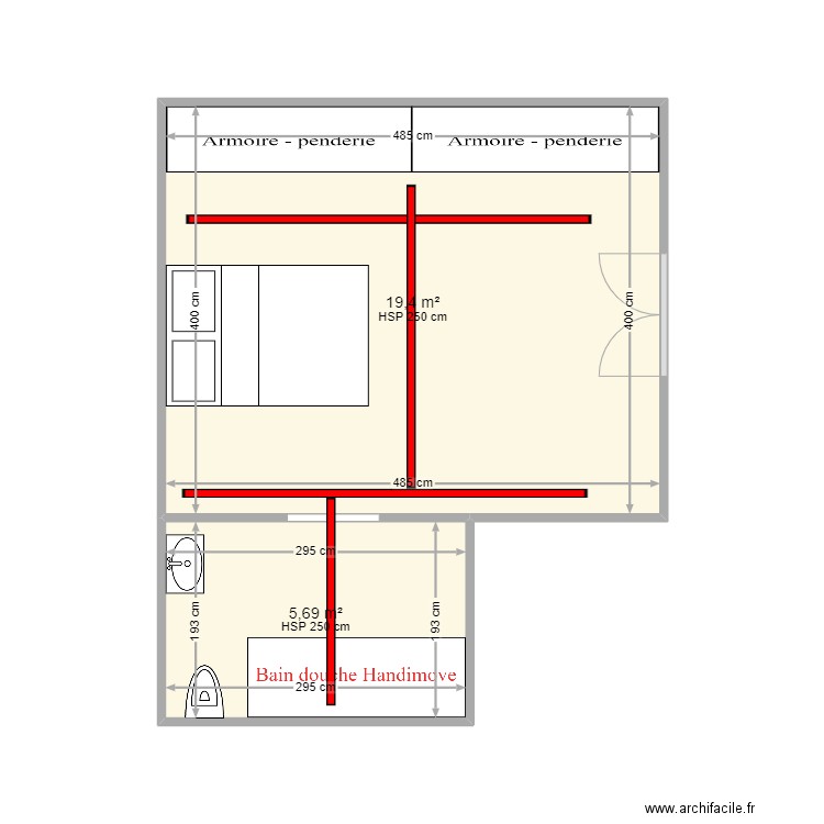 MAYOUX ch + sdb . Plan de 2 pièces et 25 m2