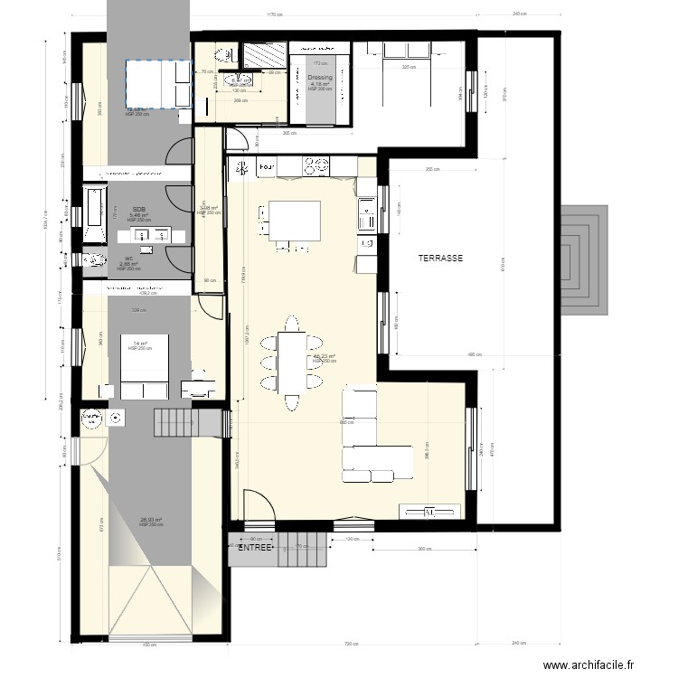 Plan de niveau meublé modifié. Plan de 9 pièces et 132 m2