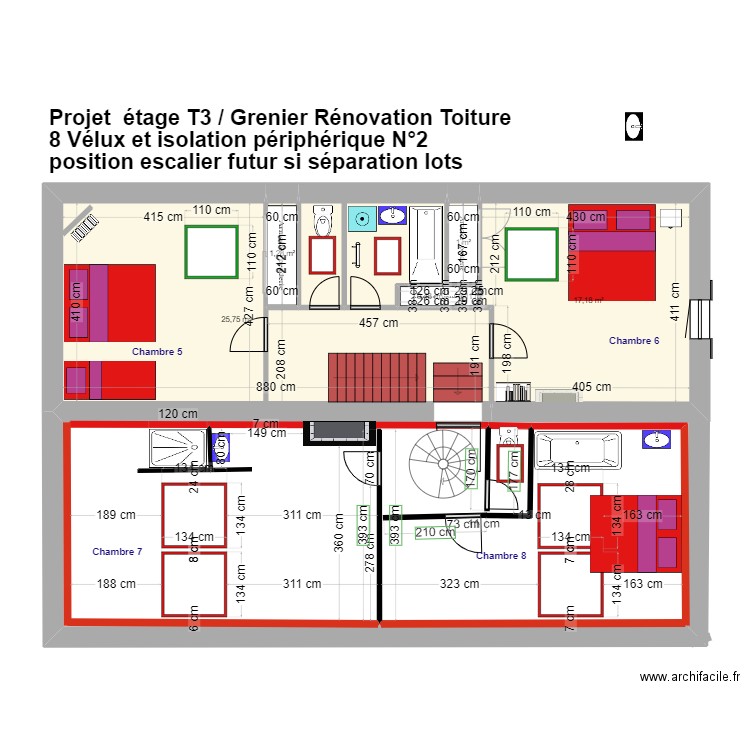 Projet ETAGE T3 et Grenier pour futur ecalier possible. Plan de 7 pièces et 52 m2