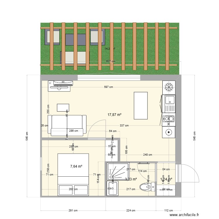 f2 bleu berre new. Plan de 4 pièces et 30 m2