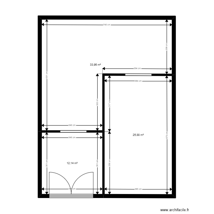 rez de chaussée. Plan de 3 pièces et 72 m2