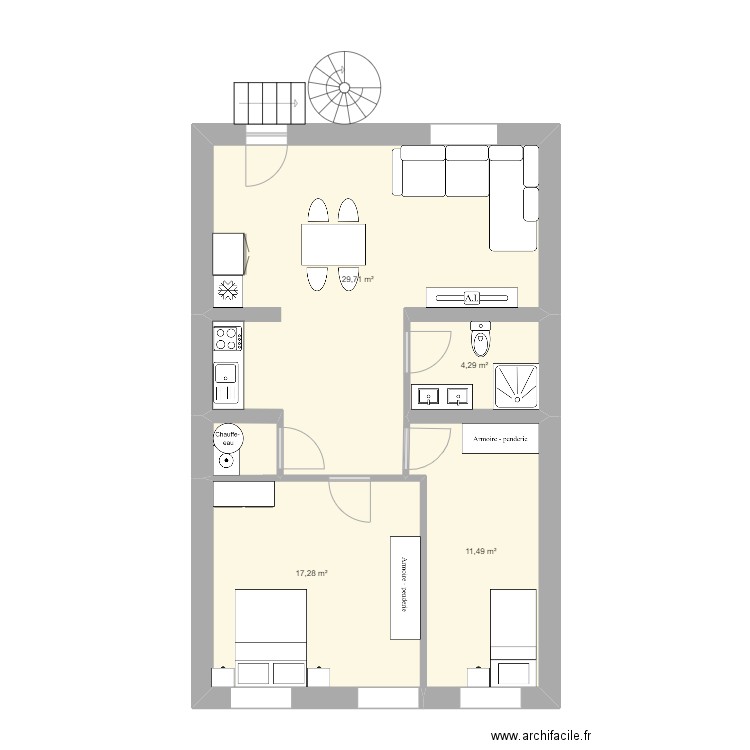 Charleville 2ème 2 chambre variante 2. Plan de 4 pièces et 63 m2