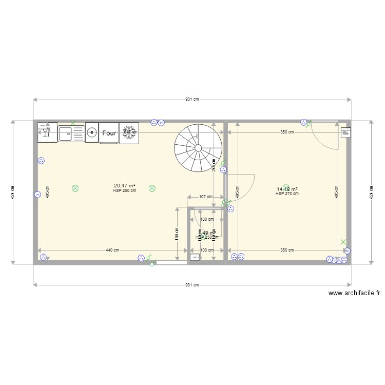 rez de chaussée. Plan de 3 pièces et 36 m2