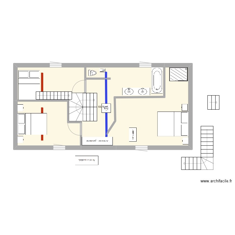 etage. Plan de 1 pièce et 53 m2