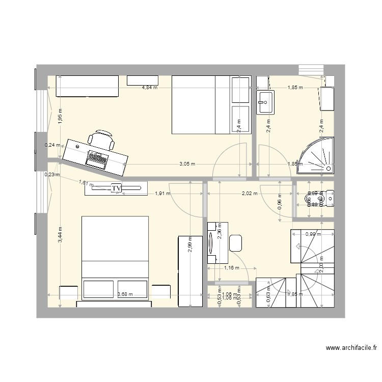 2ème étage chambres et SDB. Plan de 6 pièces et 36 m2