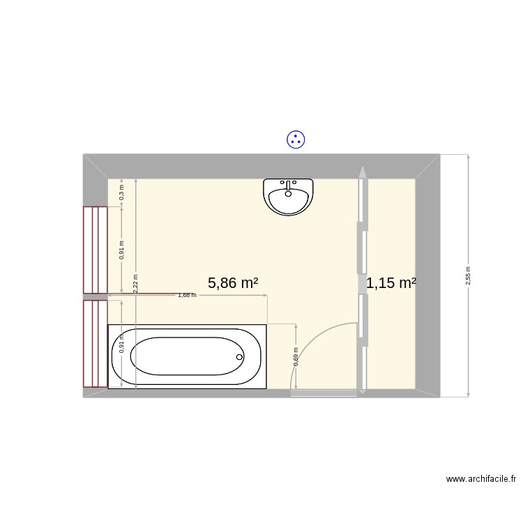 sdb. Plan de 2 pièces et 7 m2