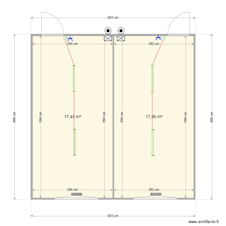 Guest classes avec cloison. Plan de 2 pièces et 35 m2