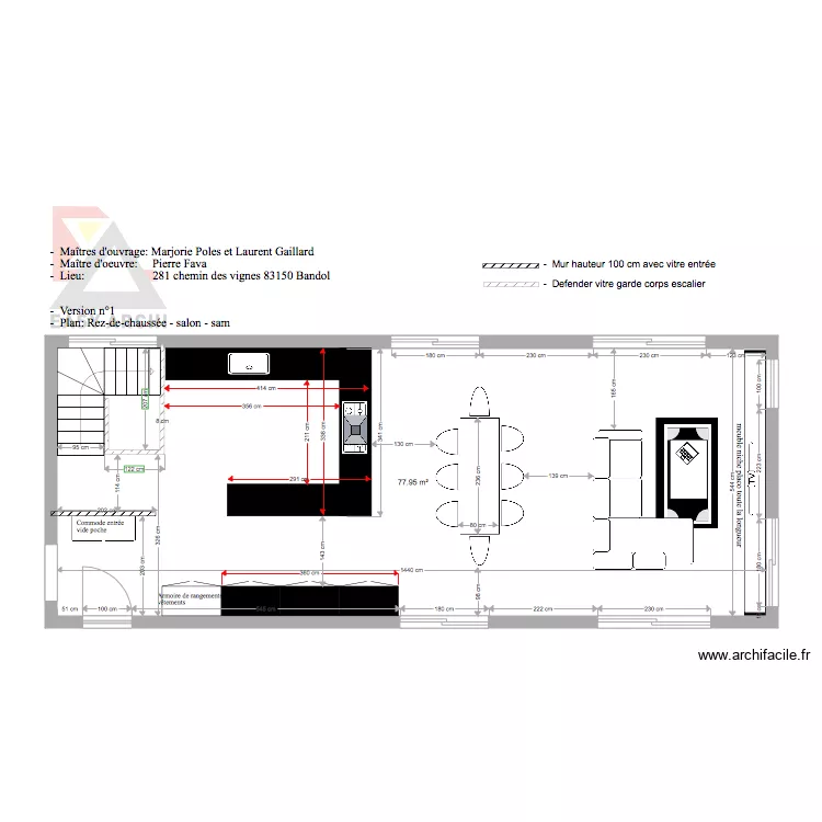 Plan cuisine salon projet Gaillard Poles. Plan de 