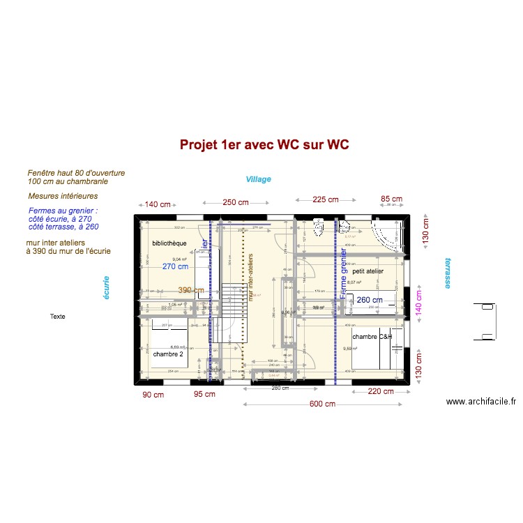 projet WC 1er étage . Plan de 12 pièces et 57 m2