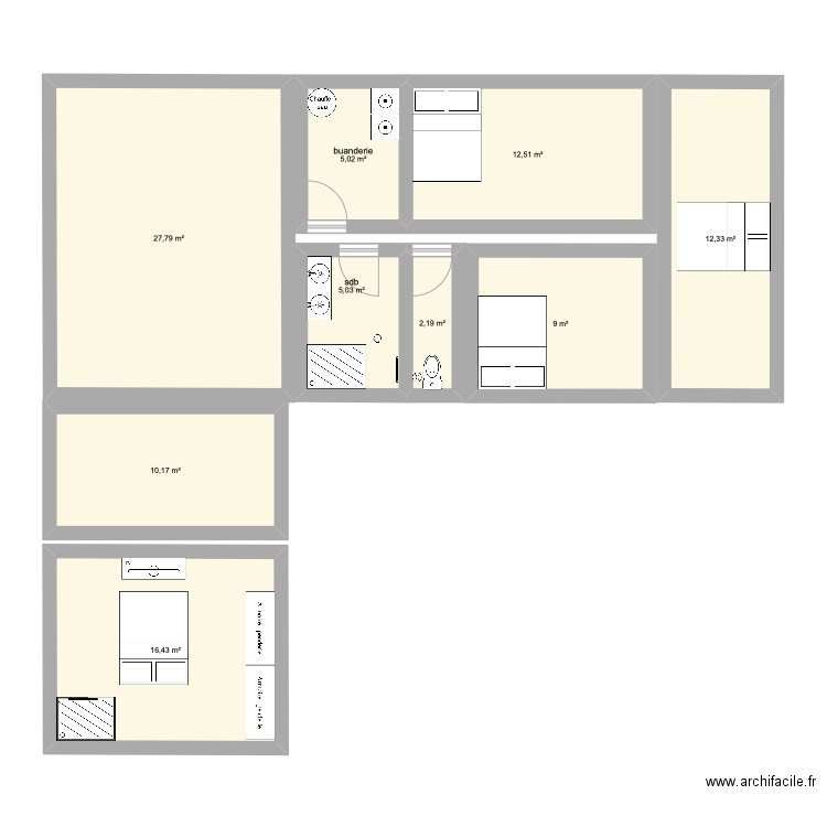 idée maison L . Plan de 9 pièces et 100 m2