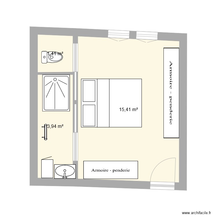 Chambre Bleue. Plan de 3 pièces et 21 m2