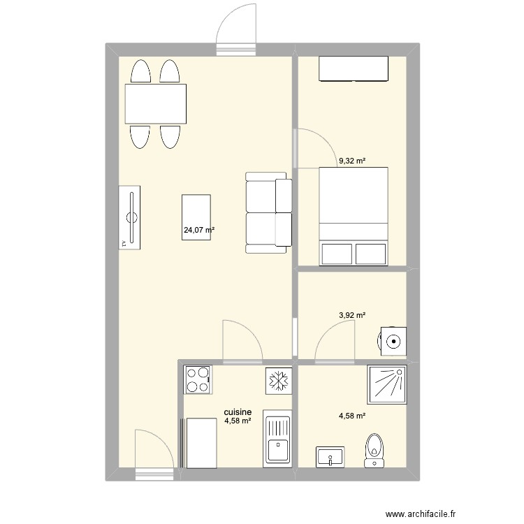 1GP. Plan de 5 pièces et 46 m2