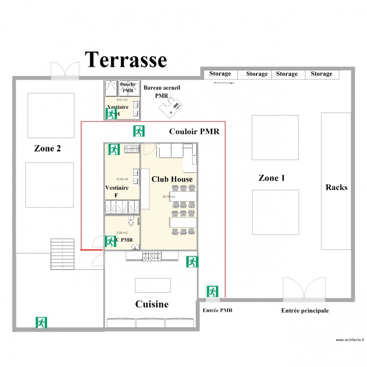 RdC 1 sécurité. Plan de 4 pièces et 55 m2