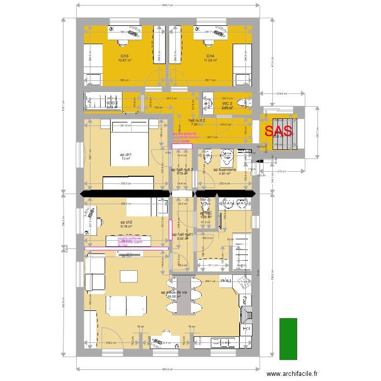 annexe appart 2 ch  épine dorsale 2 poutres portantes . Plan de 0 pièce et 0 m2