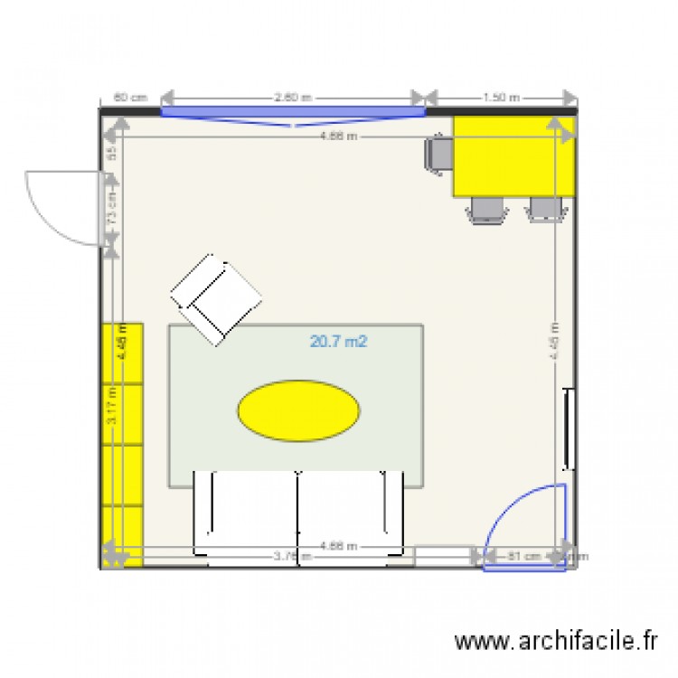 Salon détail. Plan de 1 pièce et 9 m2