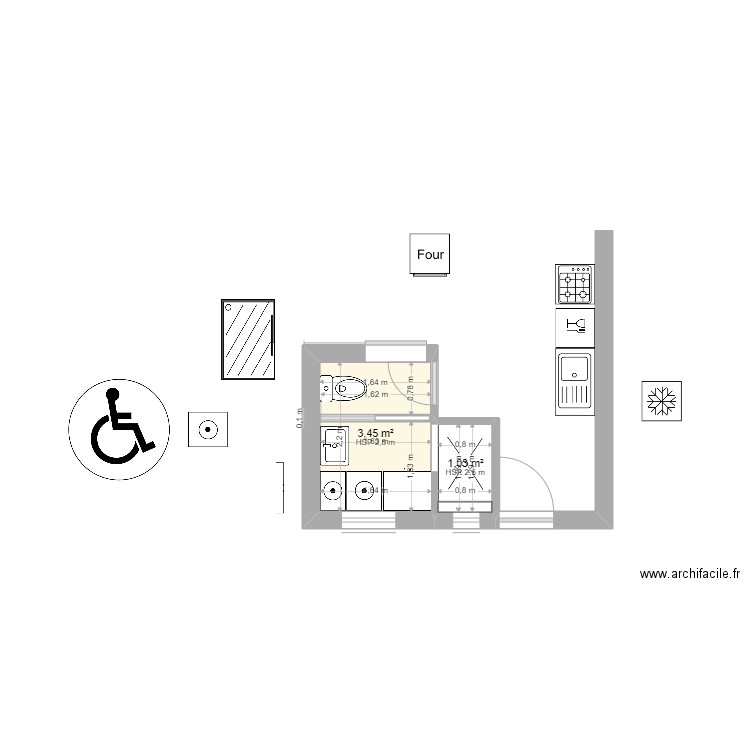 BEKA SDB  propo5. Plan de 2 pièces et 4 m2