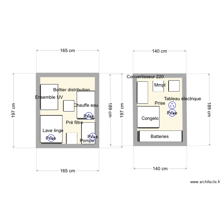 Placard eau bâbord. Plan de 2 pièces et 5 m2