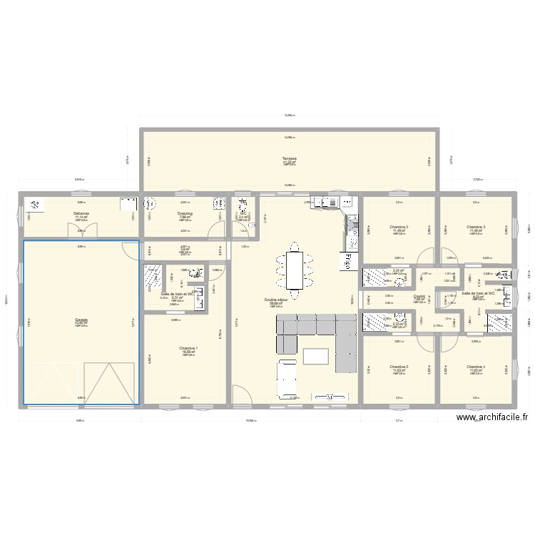 Projet Villa F6. Plan de 17 pièces et 262 m2