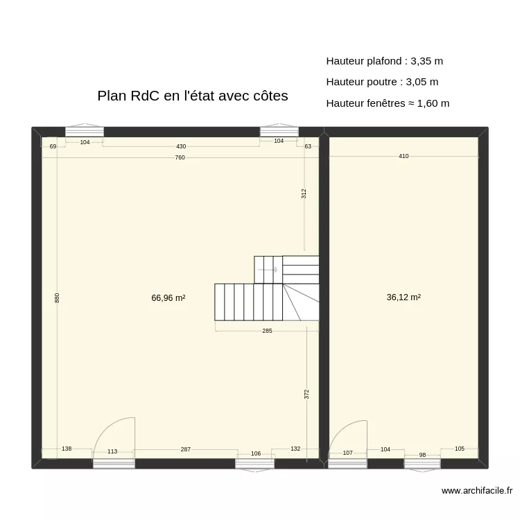 RDC en l'état avec côtes. Plan de RDC en l'état avec côtes. Plan de