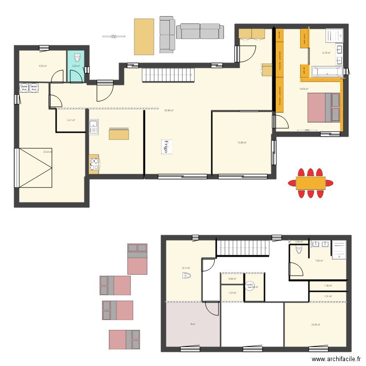 plan agencé suite avril23. Plan de 18 pièces et 180 m2