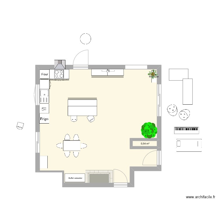 Pièce de jour. Plan de 2 pièces et 48 m2