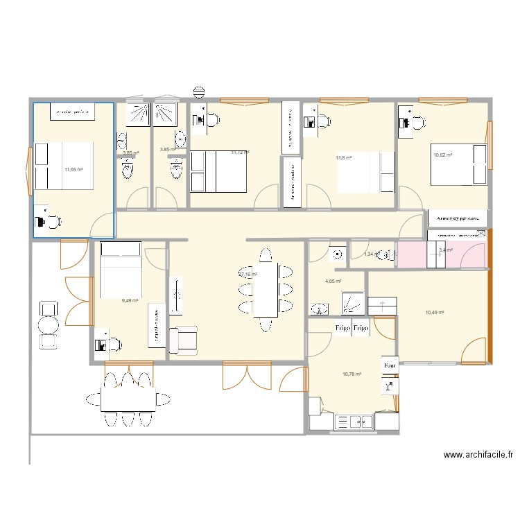 Maison Baduel 4. Plan de 14 pièces et 122 m2