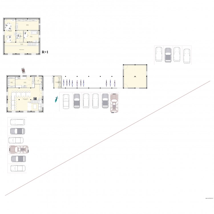 Maison commune 9 trames (9x9 m) sans atelier  2 coursive. Plan de 12 pièces et 190 m2