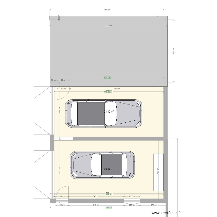 garage 2 voitures. Plan de 2 pièces et 46 m2