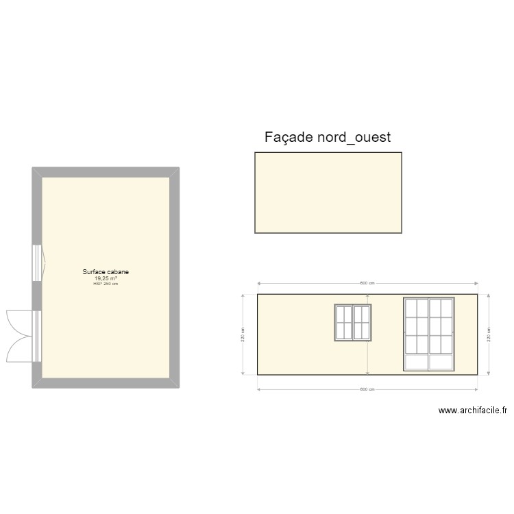 cabane_jardin_Chilly_surface et facade Ne_So. Plan de 1 pièce et 19 m2