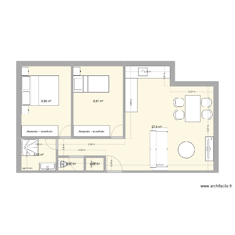 28 VALLIER. Plan de 6 pièces et 52 m2