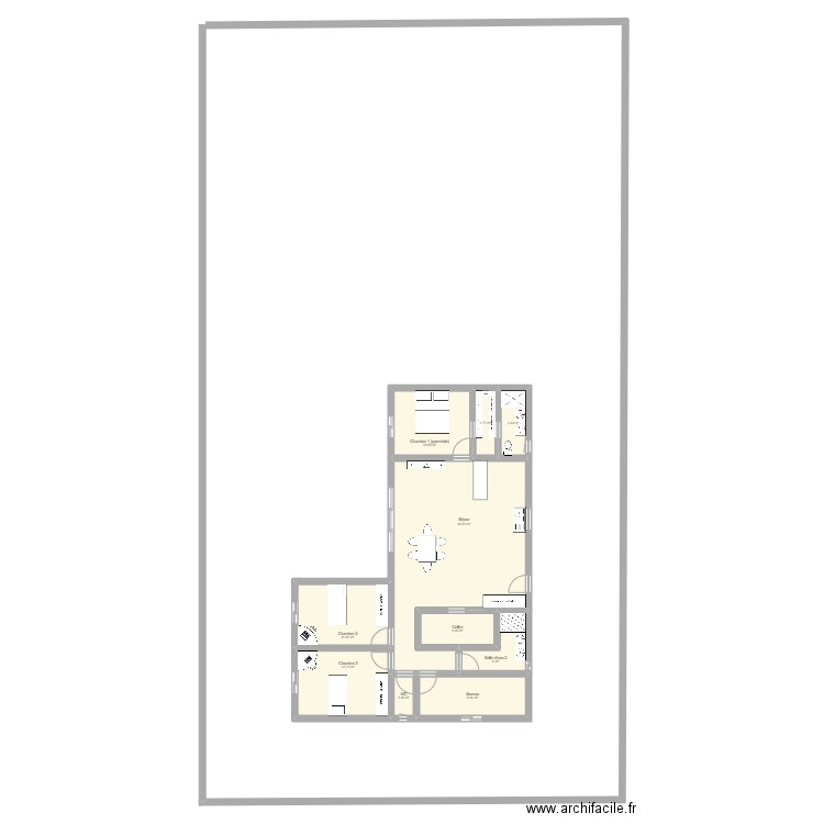 Plan en L plain pied. Plan de 10 pièces et 109 m2