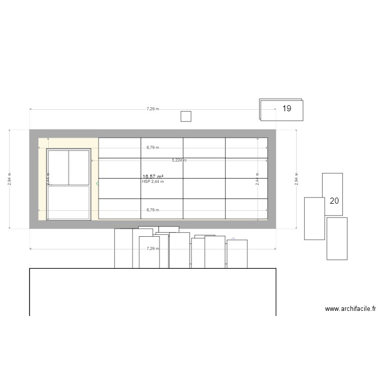 isolation 1 atelier coté salon. Plan de 1 pièce et 17 m2