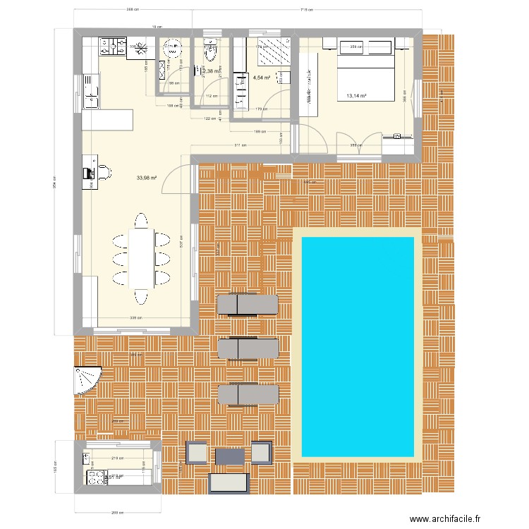 POOL HOUSE  1ere  version . Plan de 5 pièces et 57 m2