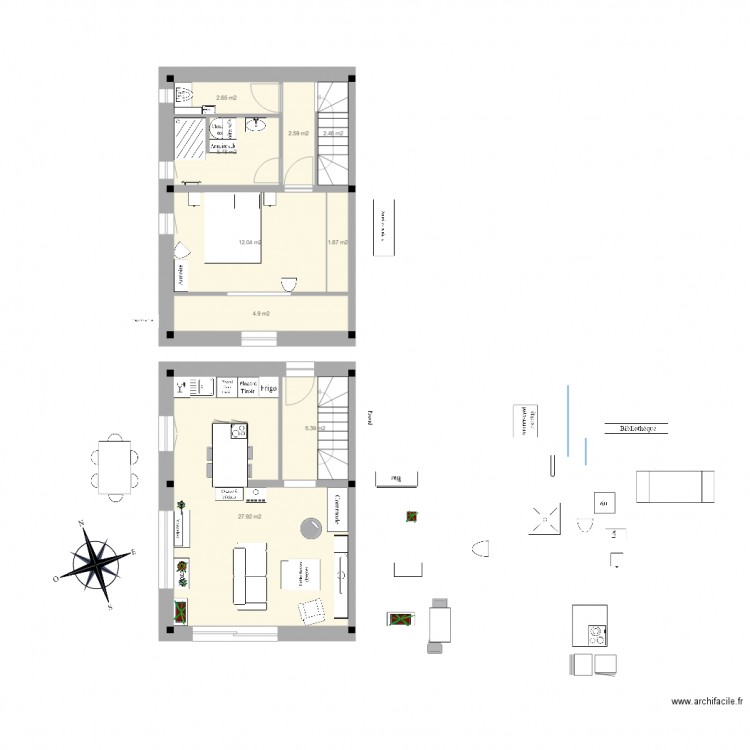 PG appart duplex pignon est sections 5 wc étage 2. Plan de 9 pièces et 65 m2