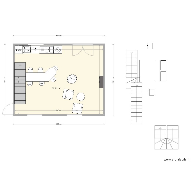 rdc. Plan de 1 pièce et 32 m2