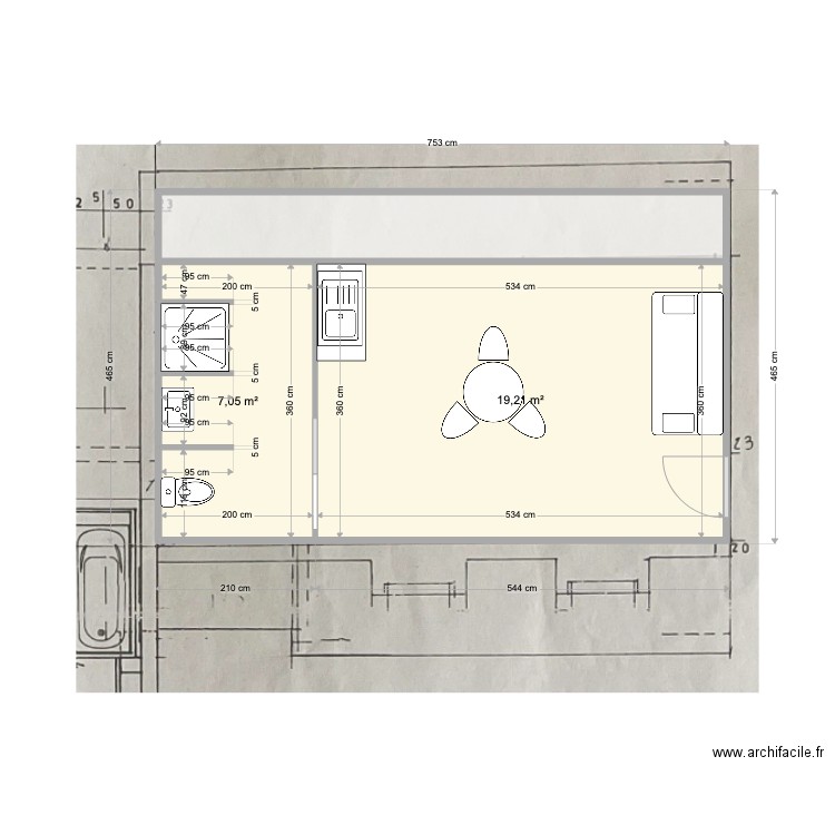 Plan Caillot. Plan de 3 pièces et 33 m2