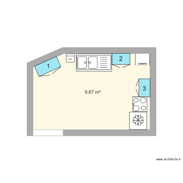 Cuisine Mélanie meubles haut. Plan de 1 pièce et 10 m2