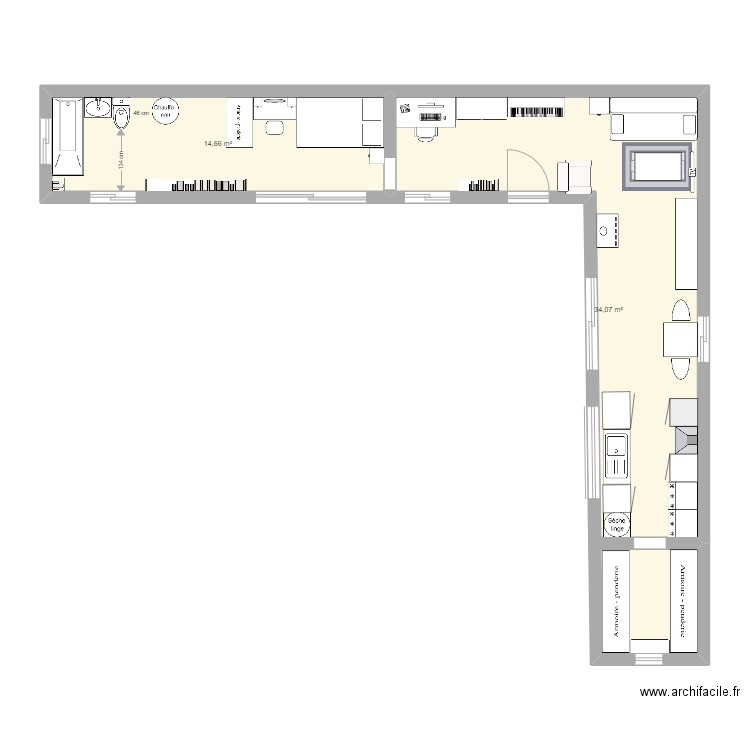maison 2 container en U. Plan de 2 pièces et 49 m2