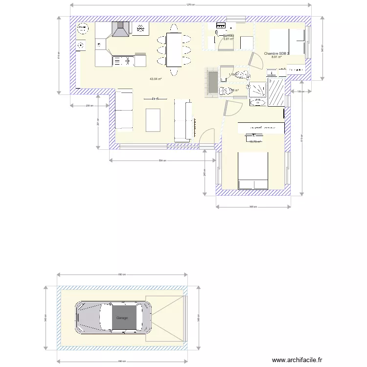 Projet 87 m2 2 CH avec SDB Bureau et garage V3. Plan de 