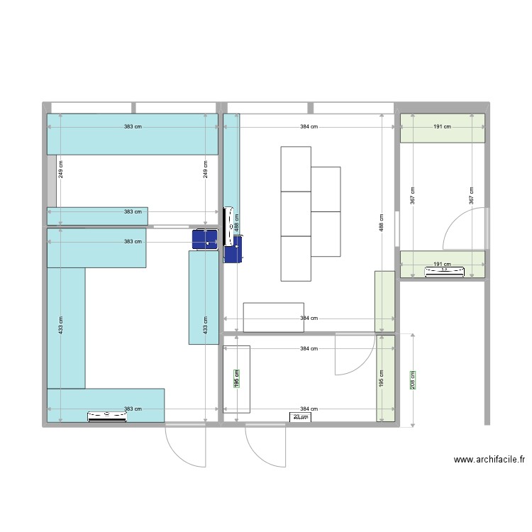 Labos-vide avec paillasse fixees. Plan de 5 pièces et 59 m2