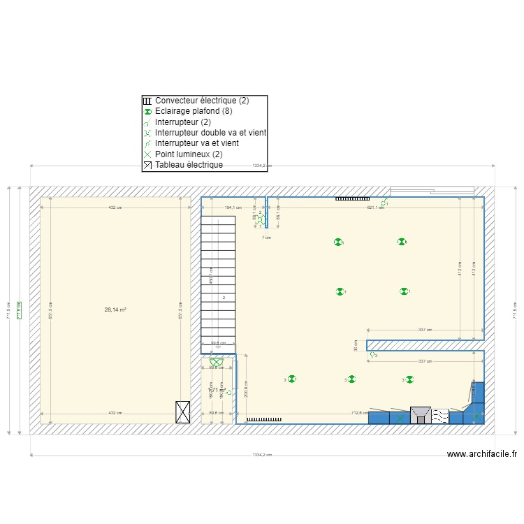 Rdc éclairage. Plan de 3 pièces et 80 m2