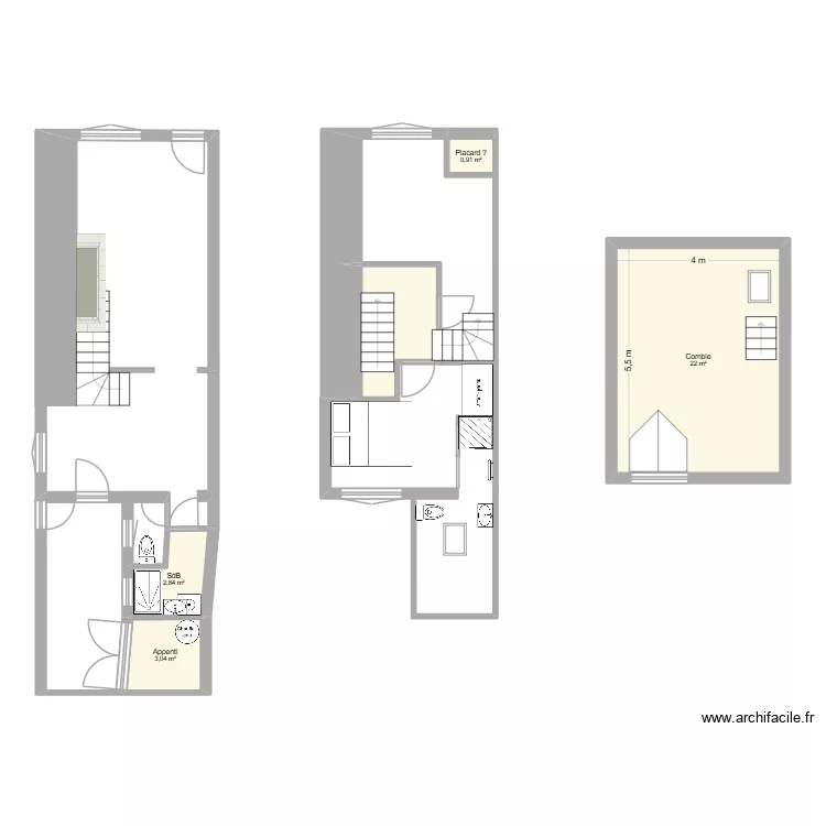 Projet apr&egrave;s travaux. Plan de 5  et 34 m²