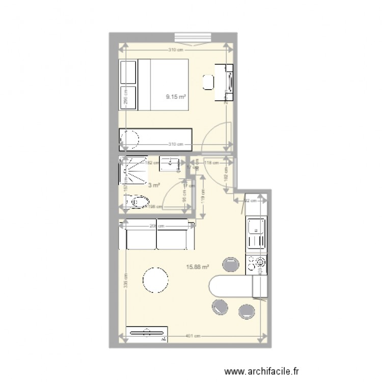sebastopol etage droit v2. Plan de 3 pièces et 28 m2
