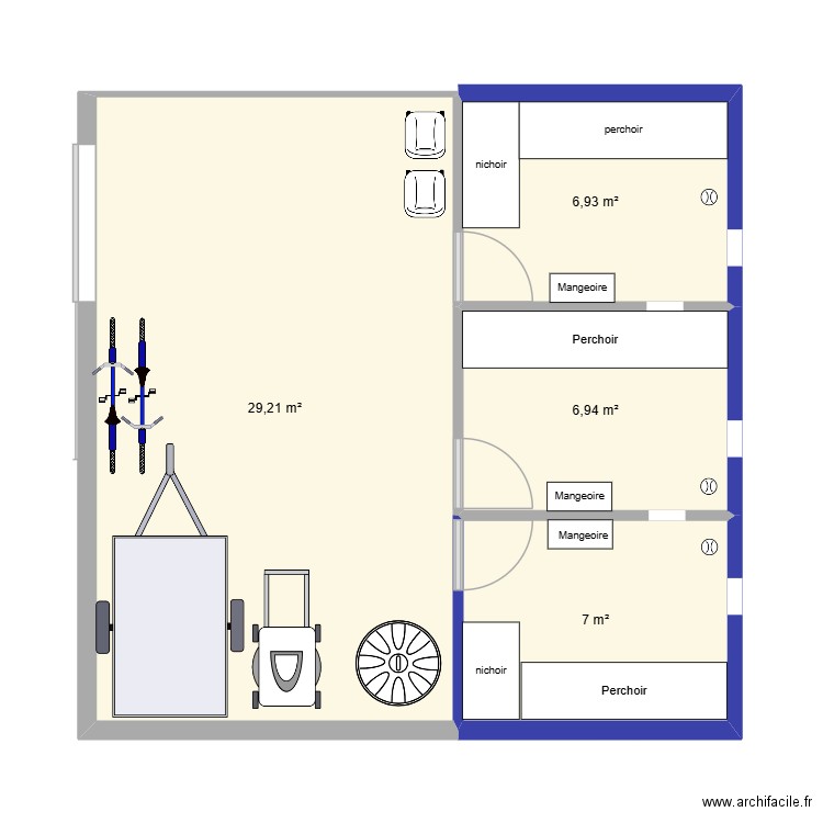 interieur poulailler. Plan de 4 pièces et 50 m2