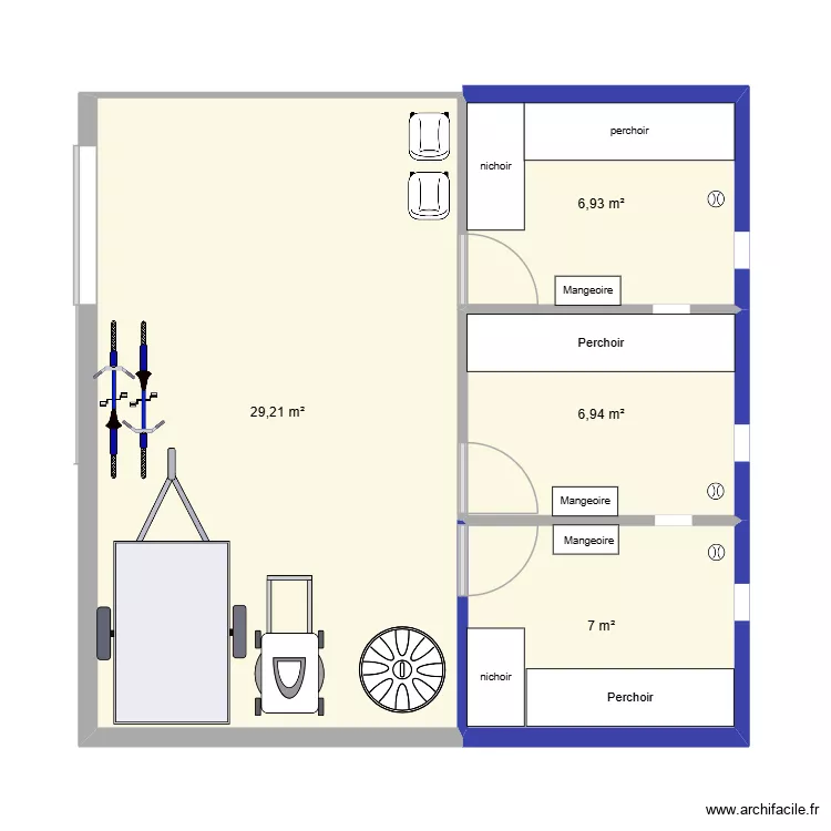 interieur poulailler. Plan de 4 pièces et 50 m²